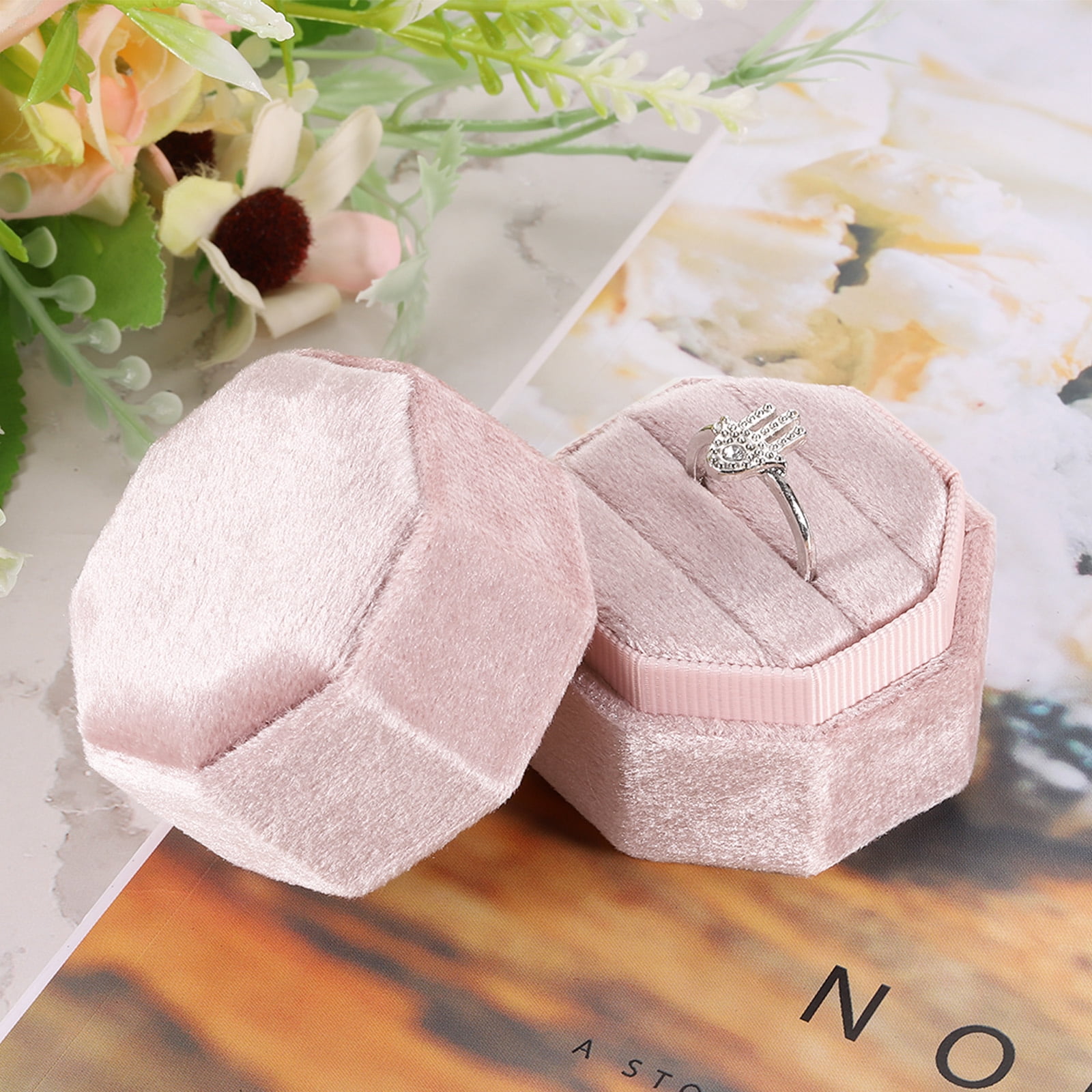 Unique Bargains Octagon Velvet Ring Box for Wedding Rings Light Pink