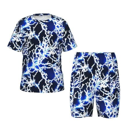 Luyuia Blue Lightning2 Print Girls  2-Piece Tie-Dye Pajama Set  Cute Summer Loungewear with Shirt and Tank Shorts Nightwear-Medium