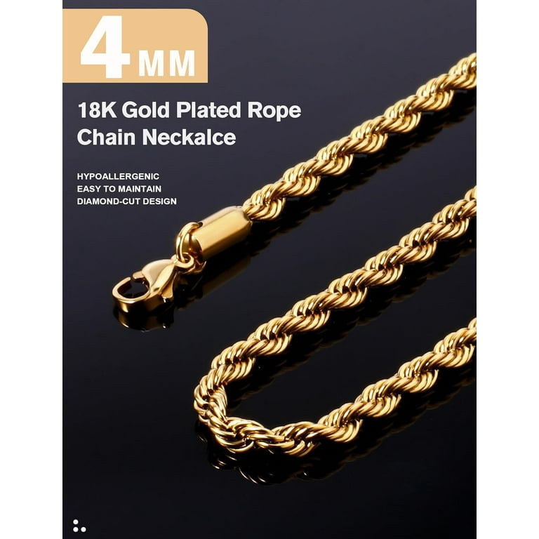 Gold Rope Chain for Men 3mm 4mm 18K Gold Plated Stainless