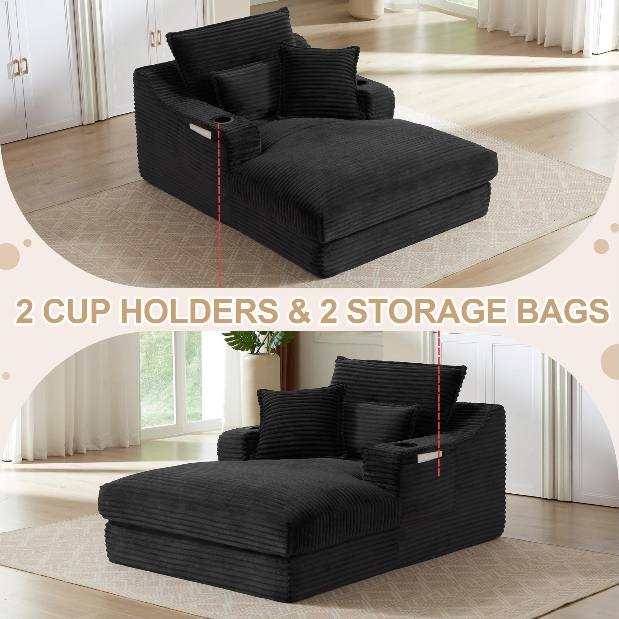 Aukfa 68" Oversized Chaise Lounge Chair with 2 Cup Hoders&Side Pockets, 3Pillows, Corduroy, Black