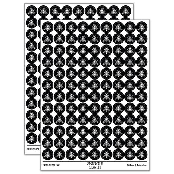 Honey Bee with Heart on Back 200 Round Stickers - Black - Gloss Finish - 0.50" Size