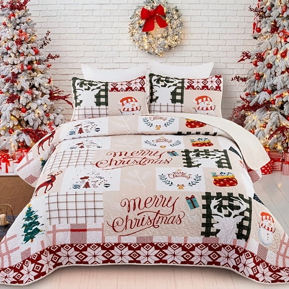 Christmas Quilt Set Queen King Size, White Xmas Tree Reindeer Pattern Bedspread Christmas Bedding Set, Soft Lightweight Microfiber Winter Coverlet Set, Holiday Bedding, Seasonal Home Decor, Reindeer