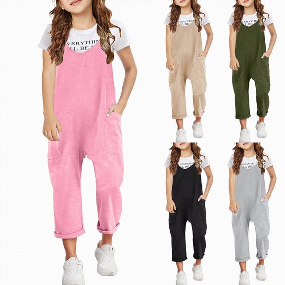 Splozh Toddler Girl Romper 4-13 Years Girls Casual Sleeveless Jumpsuits Spaghetti Strap Loose Overalls Rompers Long Pants with Pocket Overalls,Black,4-5 Years
