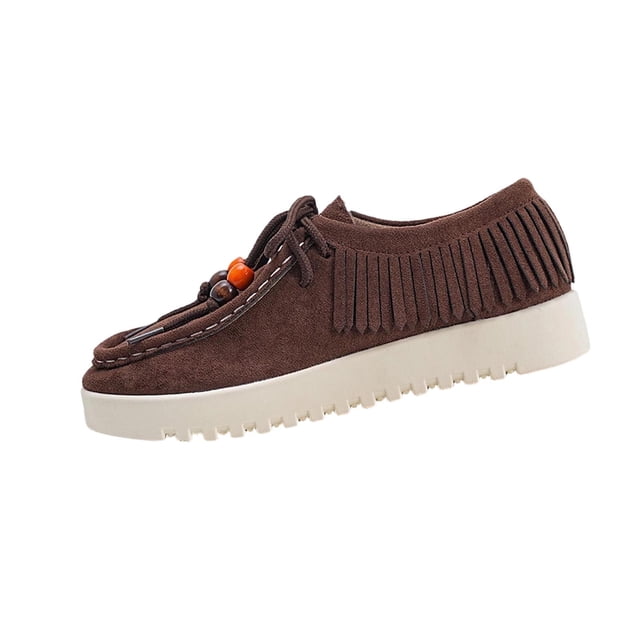 Zapatos Marrones Encajes Bohemian Fringe Muffler Zapatillas de las Mujeres con Cierres de Encaje, Encajes de Zapato Plano para Apartamentos Cómodos de Moda