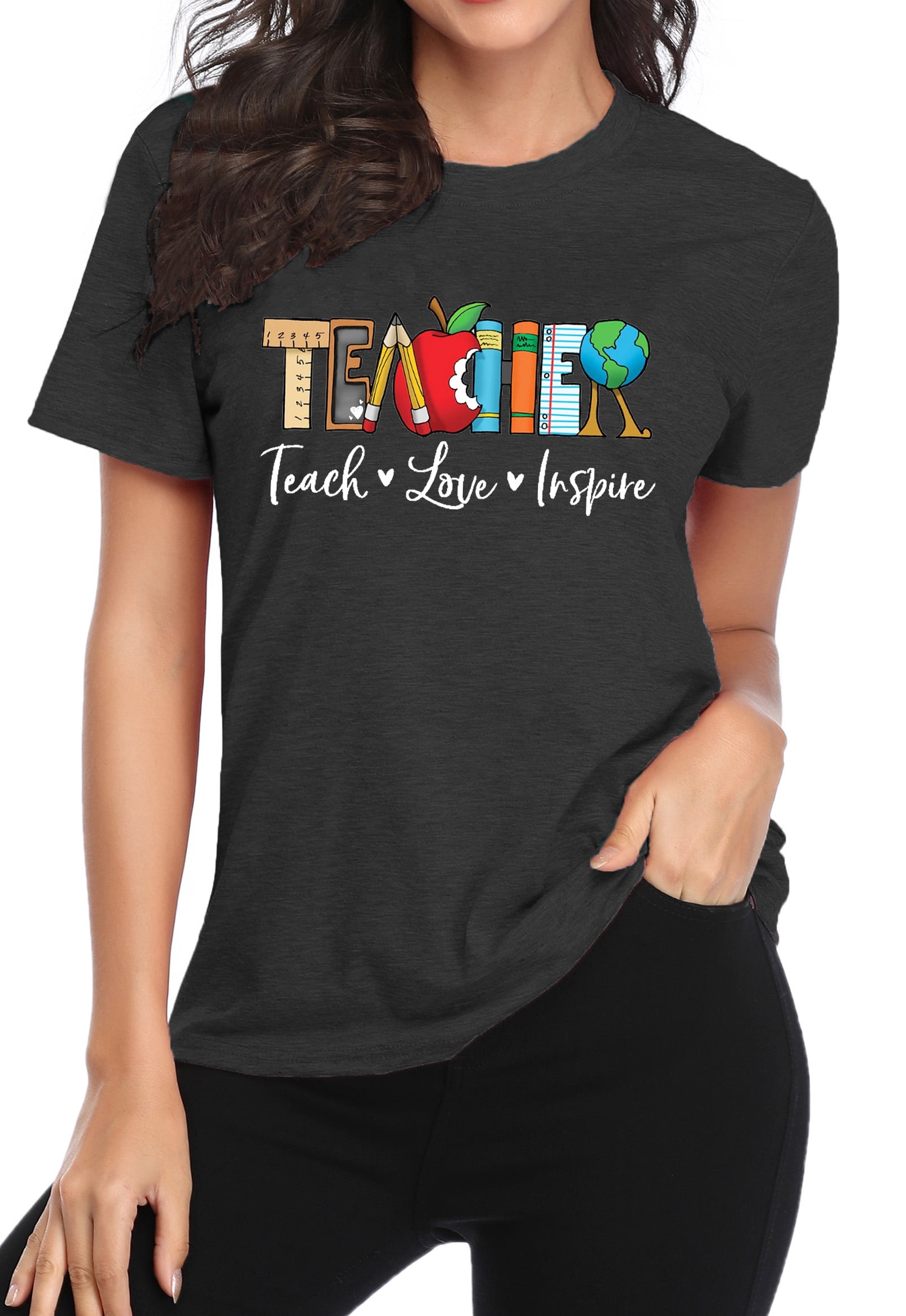 Teach Inspire Teacher Graphic T-Shirt For Women – Letter Print Casual Tee, Dark Grey