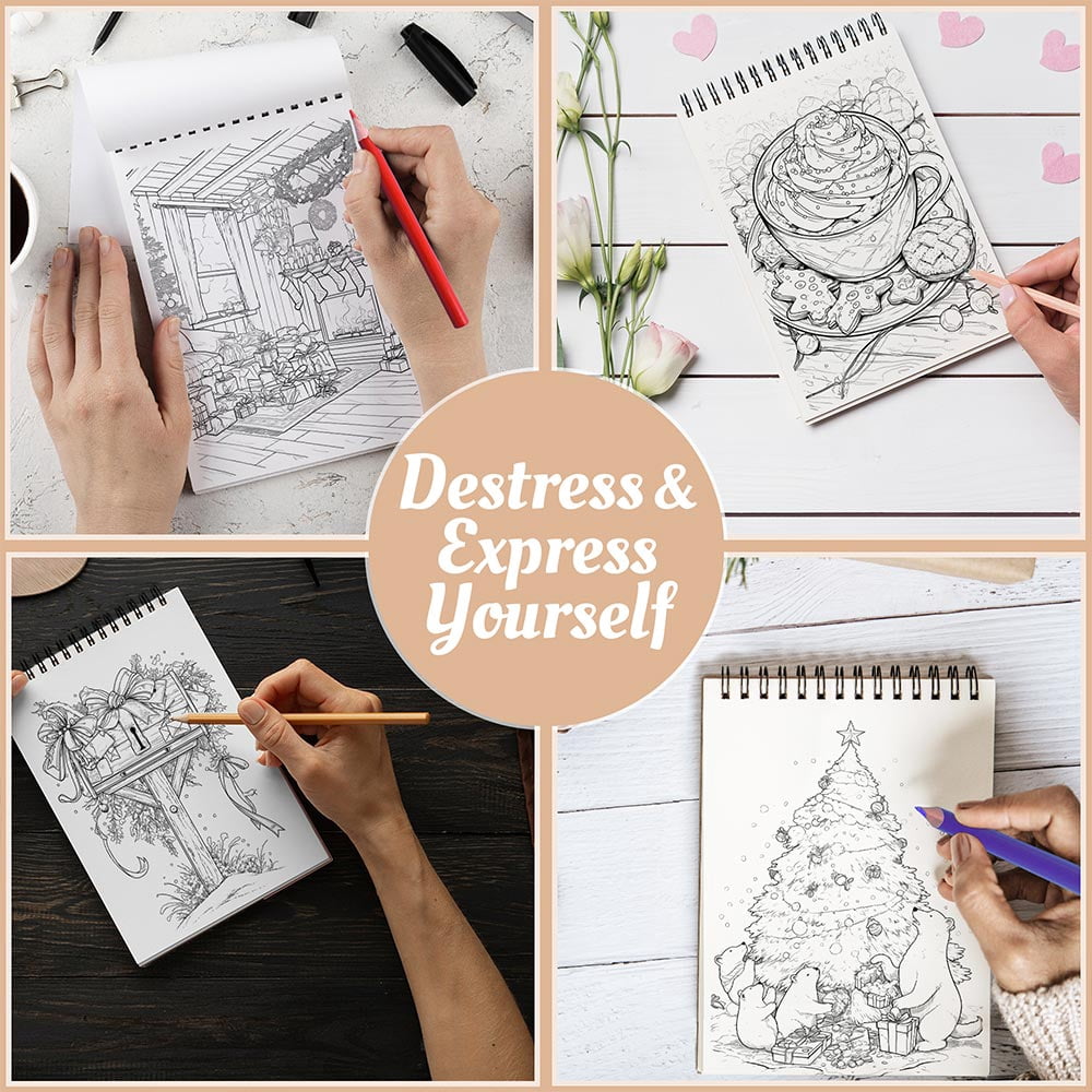 Netecom Cheerful Christmas Coloring Book Spiral Bound for Adults, A5 Wooden Cover, 30 Cute and Cozy Coloring Pages for Holiday Scenes, Stress Relief and Relaxation
