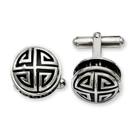 Stainless Steel Black Enamel and Greek Key Cuff Links