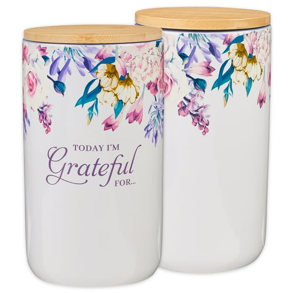 Christian Art Gifts Keepsake Count Your Blessings Ceramic Gratitude Jar Set w/Bamboo Lid: Today I'm Grateful For - 365 Bible Verse Note Cards for Thankfulness, Multicolor Flowers, Purple/Pink Floral