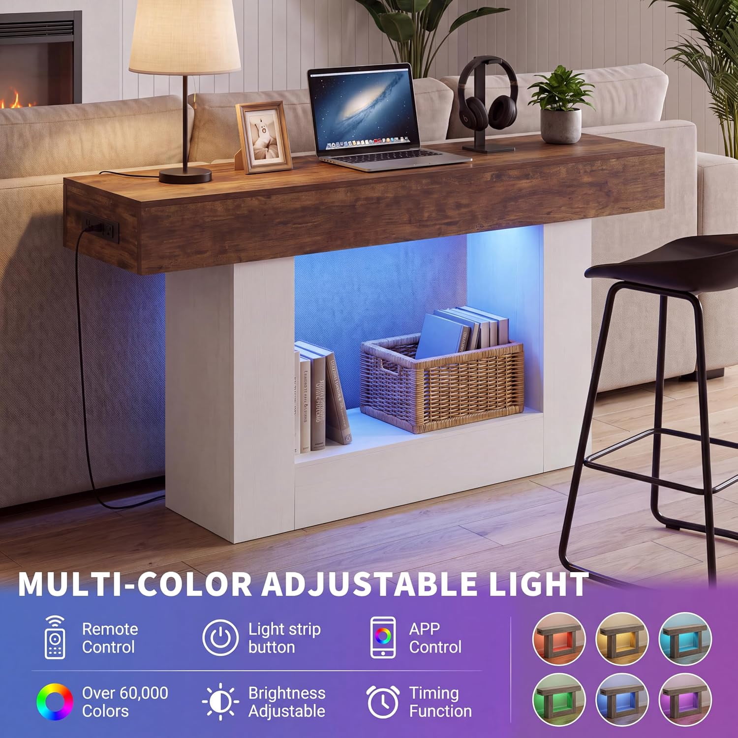 55” Entryway Table with Charging Station & LED Light, Narrow Sofa Table for Hallway Living Room, Modern Farmhouse Console Table with Storage Shelf, Brown and White