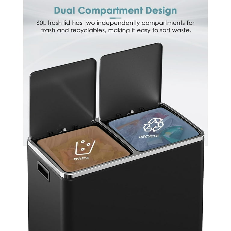 LAZY BUDDY Dual Garbage Can, Stainless Steel 16 Gallon Step Pedal