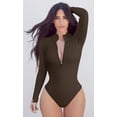 thumbnail image 4 of Women's 2 Piece Bodysuits Sexy Ribbed One Piece Zip Front Long Sleeve Tops Bodysuits, 4 of 6