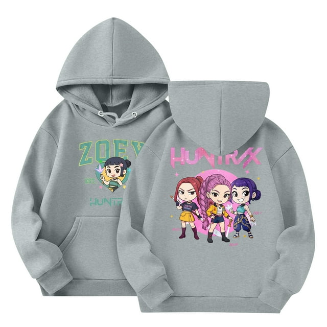 Moonsky Sudadera con capucha y cordón HUNTRX, estampado de grupo de chicas coreanas, jersey corto, suave y cómodo, top de manga larga para primavera y otoño. Gris claro 150