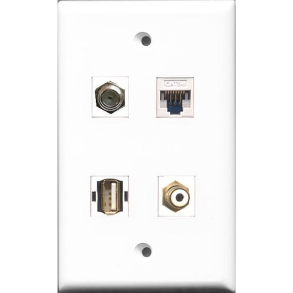 RiteAV 1 Port RCA White and 1 Port Coax Cable TV- F-Type and 1 Port USB A-A and 1 Port Cat5e Ethernet White Wall Plate