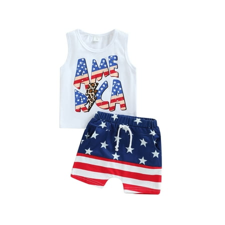 

Toddler Baby Boys 4th of July Outfits White Sleeveless Tank Tops Star Striped Drawstring Shorts 2Pcs Casual Summer Clothes Sets
