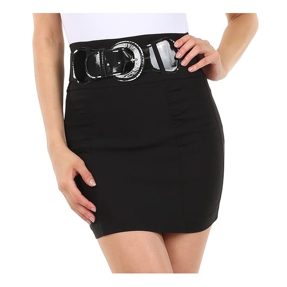 Sakkas Petite Shirred Stretch Pencil Short Skirt with Wide Belt - Black - Small