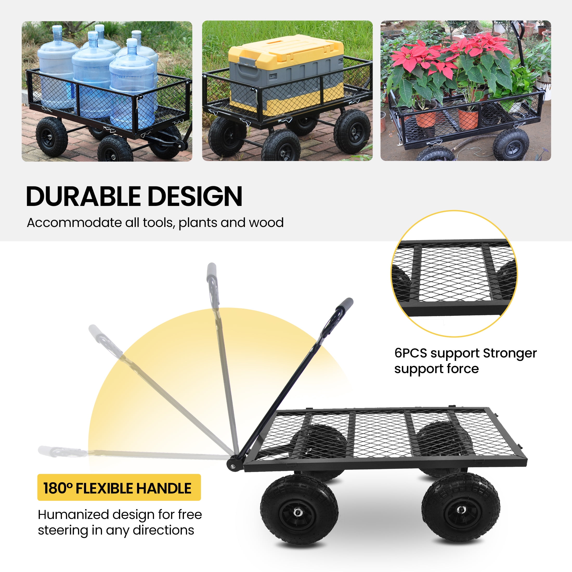 Aukfa Utility Garden Cart, Heavy Duty Metal Wagon Cart with Rotating Handle, Removable Sides/10" Wheels for Outdoor Hauling/Gardening, Black