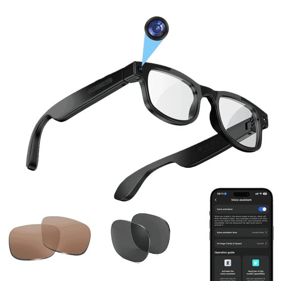 AI Smart Glasses with Camera, 1080P Video Recording Camera Glasses for Men and Women, Real Time Translation, AI Voice Assistant, Photochromic Lenses Sunglasses for Travel,(Black)