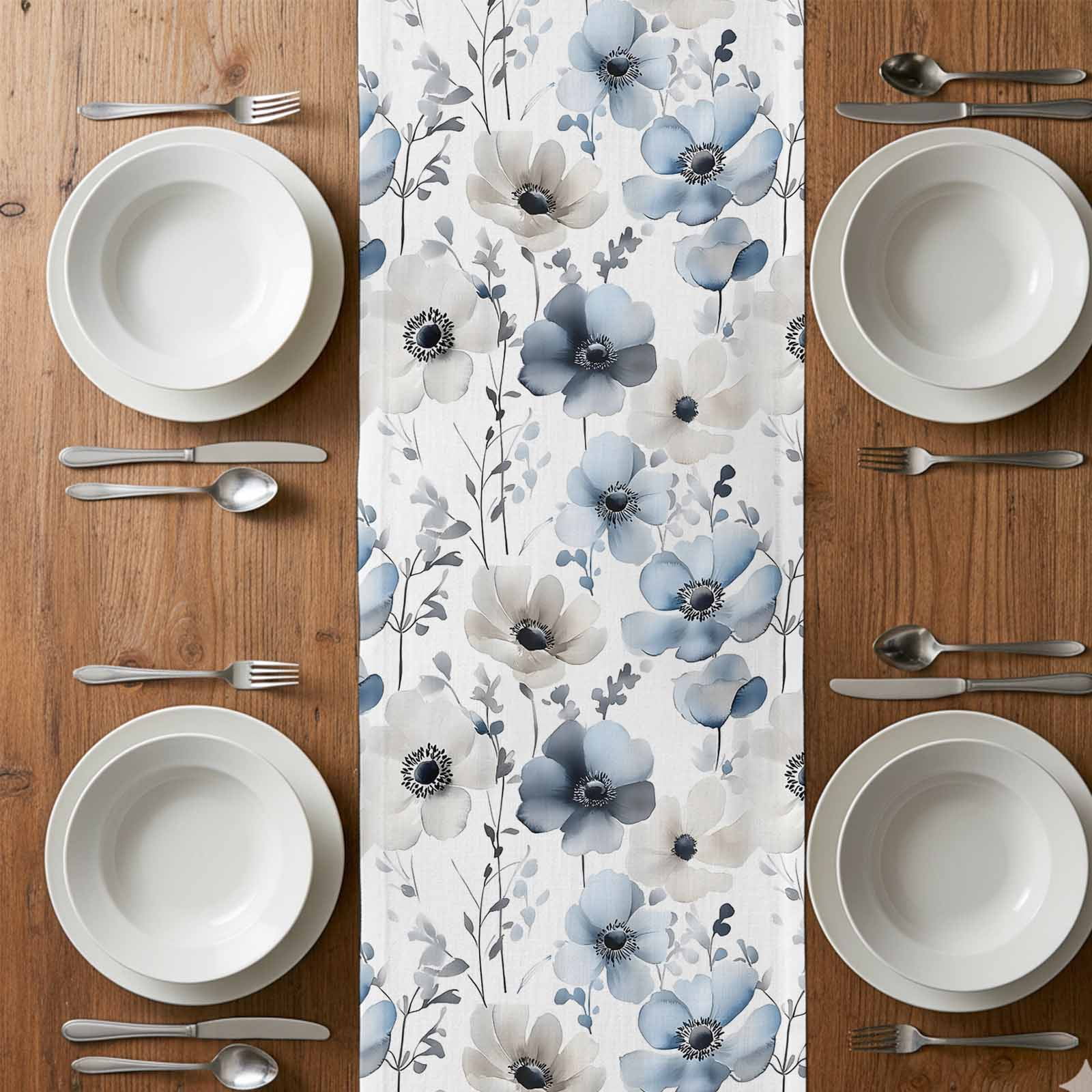 Spring Floral Cotton Linen Table Runner Watercolor Grey Blue Flower Grey Leaves Dining Table Runners for Home Decor Party Dining Room Restaurant Kitchen 13" x 108"