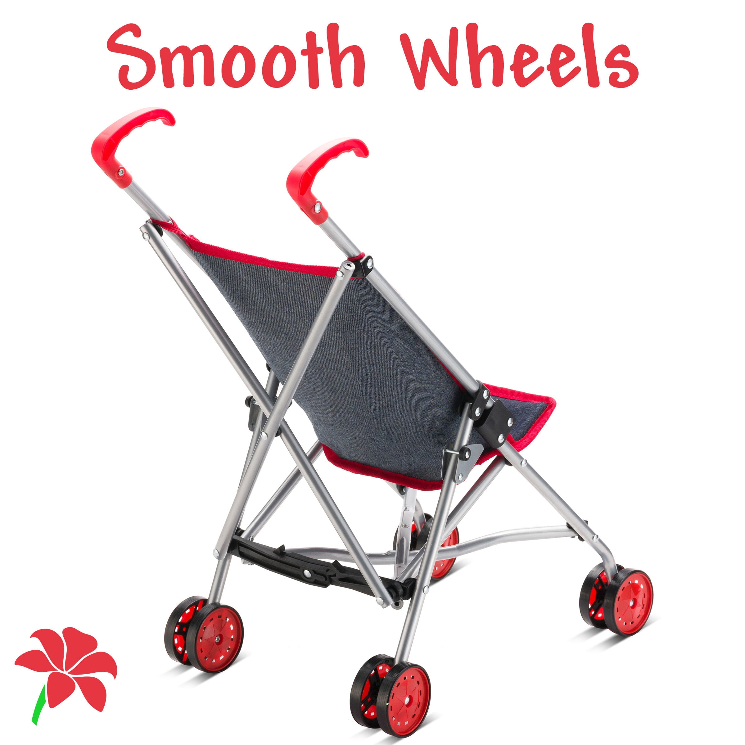 HUSHLILY - Baby Doll Stroller, Light Weight Foldable, with Smooth Rolling Wheels - Denim Blue & Red