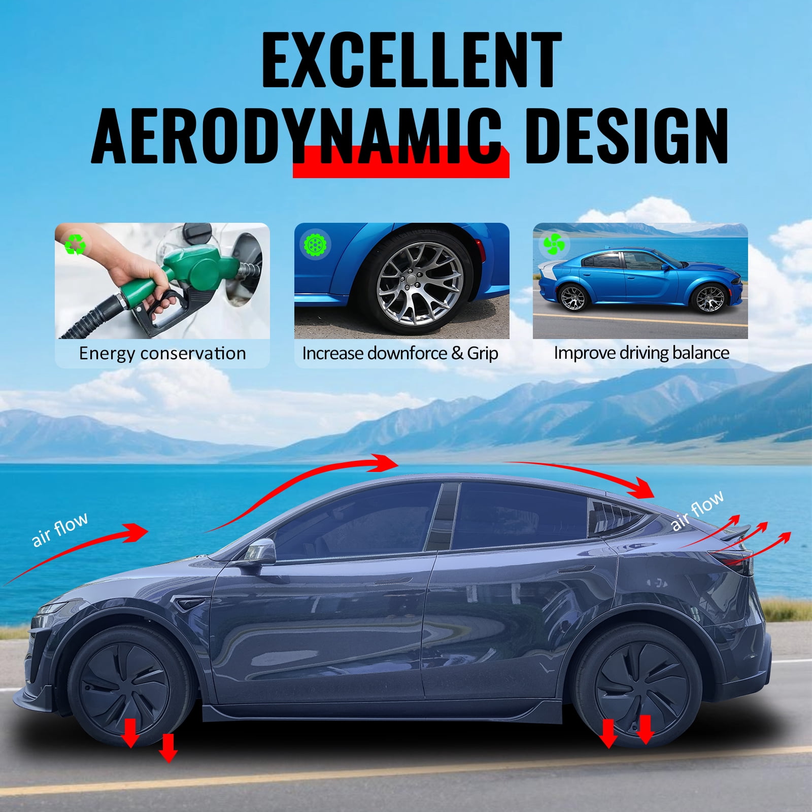 Ikon Motorsports Side Skirts Extension, Compatible with 2025-2026 Tesla Model Y Juniper, IKON Style ABS Plastic Gloss Black Rocker Panel Splitter Side Underbody Spoiler 2PC