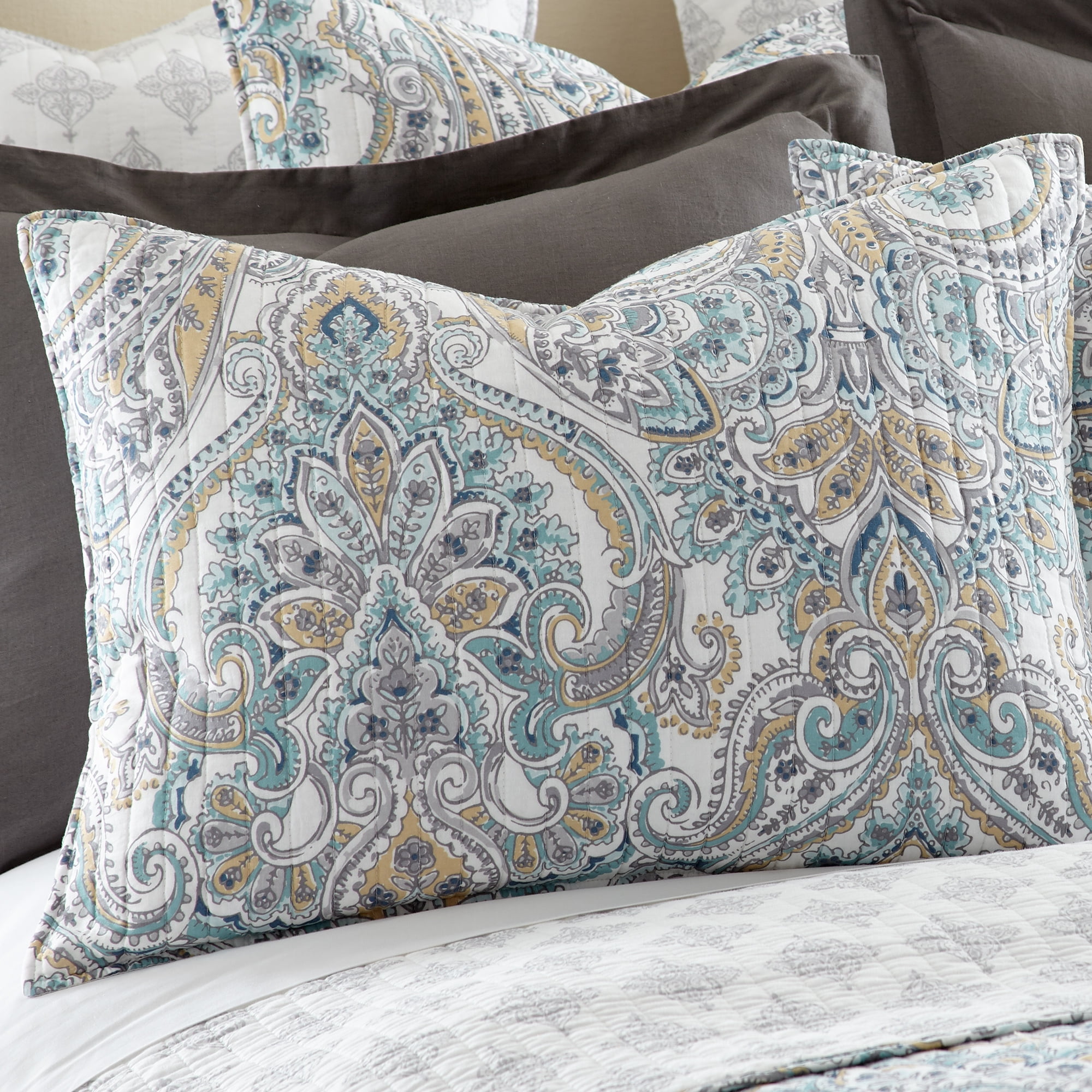 Levtex Home - Rome Quilt Set - King Quilt + Two King Pillow Shams - Paisley - Beige, Blue, and White - Quilt Size (106x92in.) and Pillow Sham Size (36x20in. ) - Reversible - Cotton Fabric