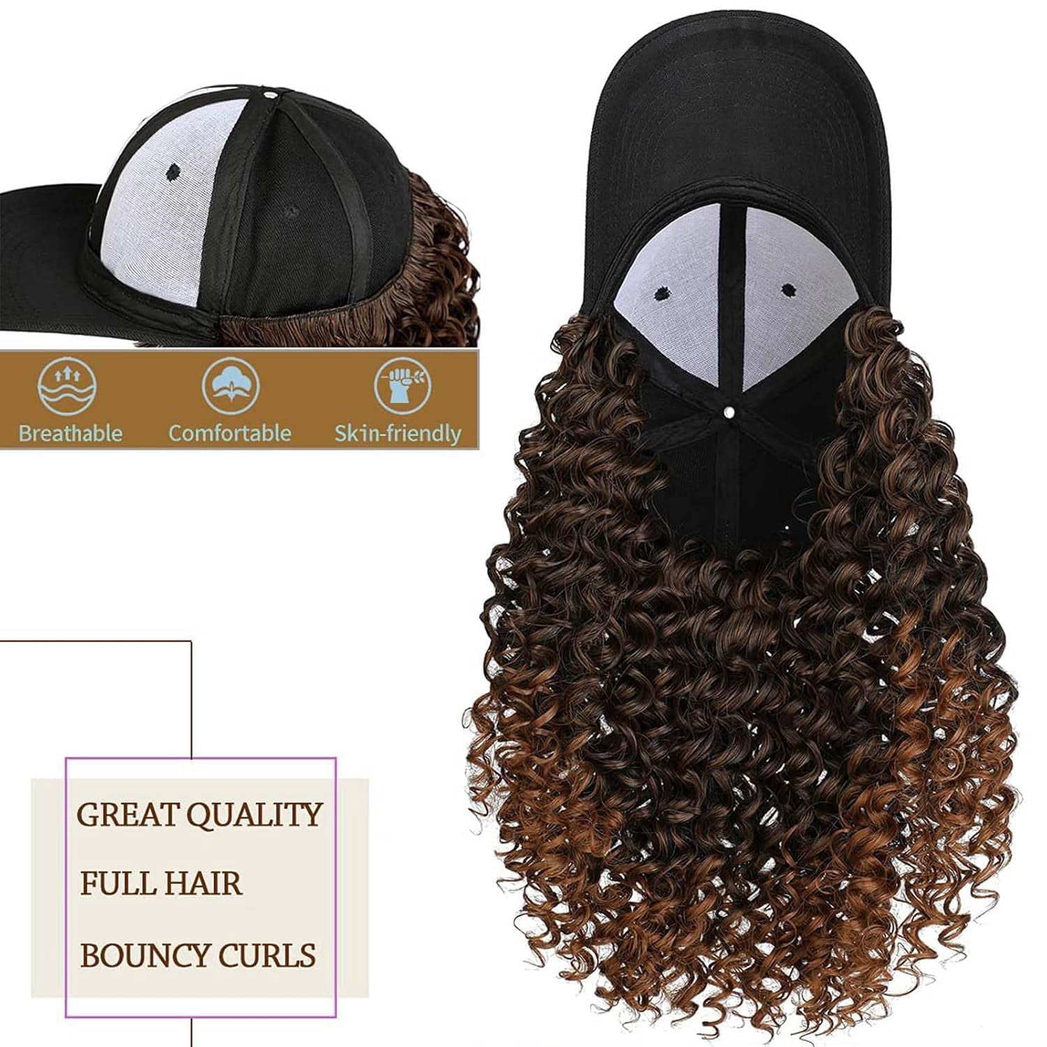 YEKEYI Headband Wig Human Hair Wigs Baseball cap Wig Curly Deep Wave Headband Wig Hat Wigs (Black hat Long Lbrown wig)