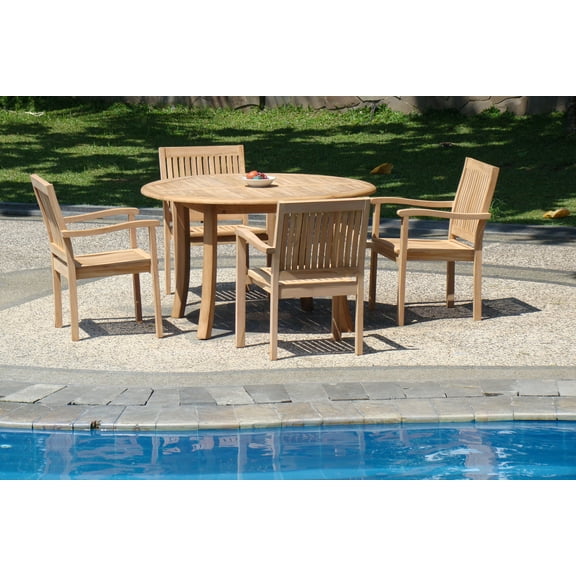 Teak Dining Set:4 Seater 5 Pc - 52" Round Table And 4 Stacking Leveb Arm Chairs Outdoor Patio Grade-A Teak Wood WholesaleTeak #WMDSLV5