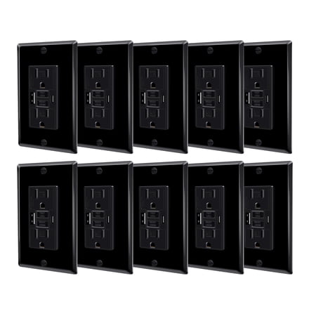 Nineleaf Black 15 Amp GFCI Outlet with USB C & USB A Ports, 10Pack Self Test GFCI Electrical Outlet with LED Indicator, Residential & Commercial Grade, Includes Wall Plate & Screws