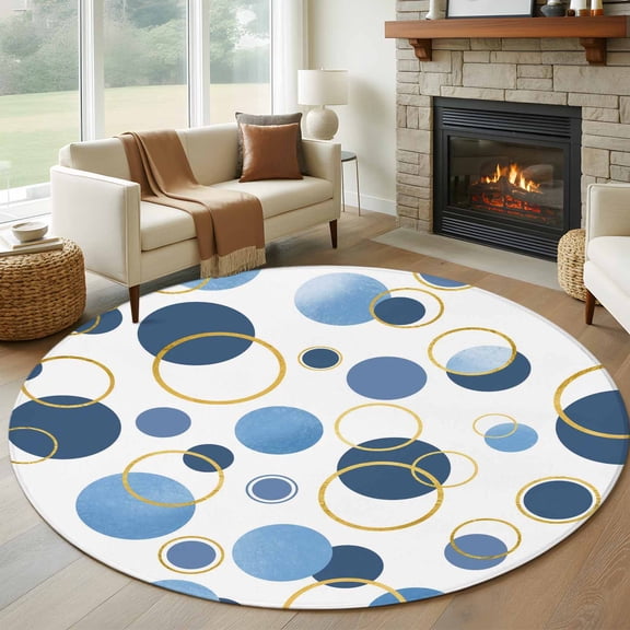 Round Area Rugs Collection 8 Ft, Blue Polka Dots Non-Slip Residential Carpet, Modern Abstract Art Indoor Crawling Mats Runner Rugs for Living Room/Dining Room/Bedroom
