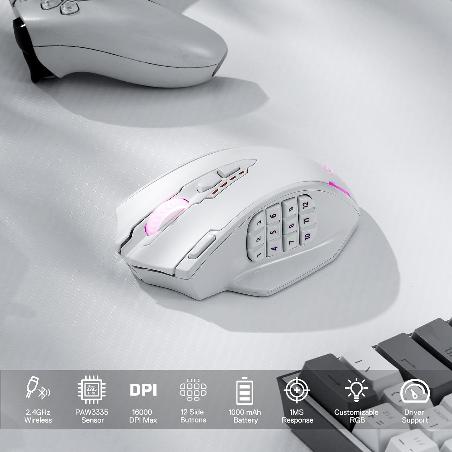Redragon M913 Gaming 16000 DPI Wired 2.4Ghz Wireless RGB Optical Gamer Mice 16 Programmable Buttons, Black/White Mouse