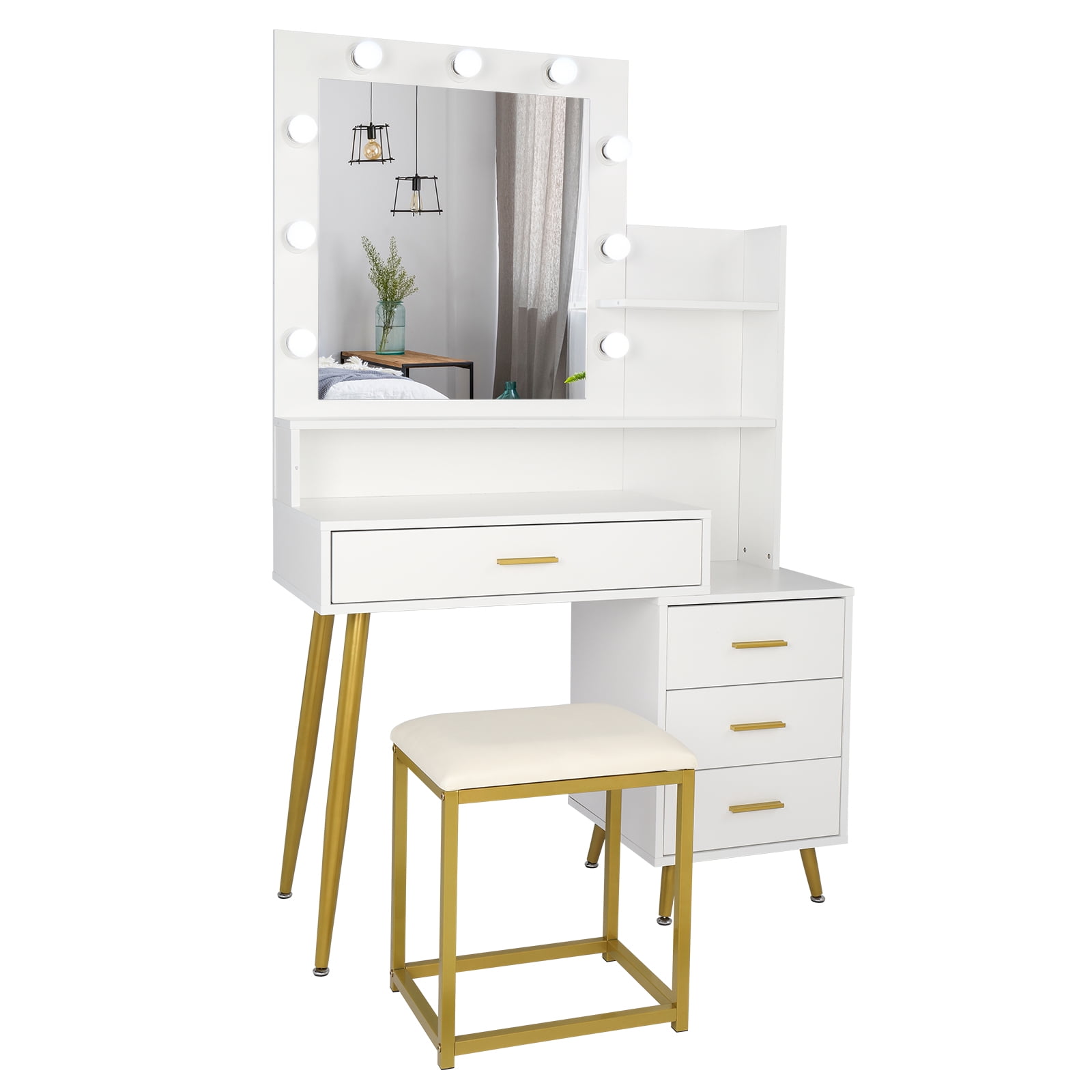 Large Vanity Set with 9 LED Bulbs, Makeup Table with Cushioned Stool, 3 Storage Shelves 4 Drawers, Dressing Table Dresser Desk for Women, Girls, Bedroom, White