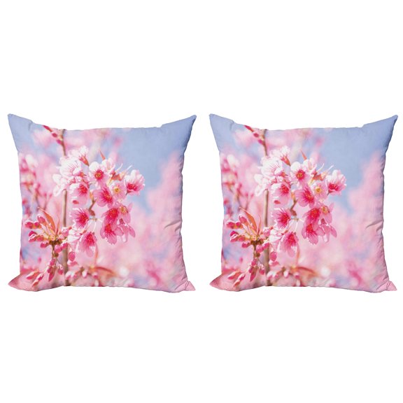 Ambesonne Floral Throw Pillow Cover 2 Pack, Sakura Blossom Branches, 20", Pale Pink Purplegrey