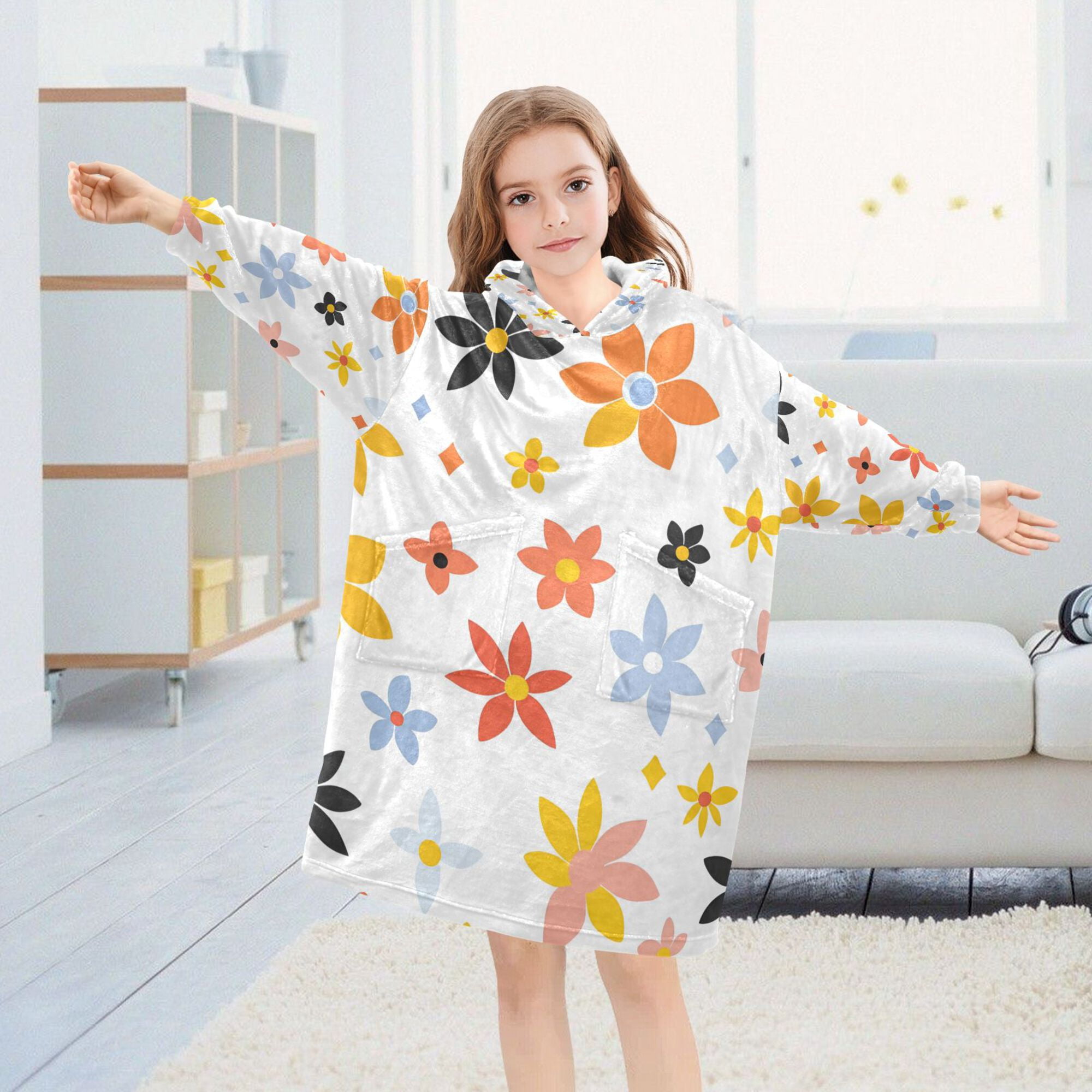 FORMRS Wearable Blanket Hoodie with Sleeves for Kids Cozy Flannel Sweatshirt, Colorful Retro Floral