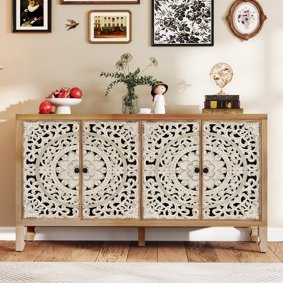Buffet Cabinet with Storage, Accent Cabinet with 4 Carved Doors, Solid Wood Sideboard with Adjustable Shelf, Vintage Cabinets for Kitchen, Living Room, Entryway, White