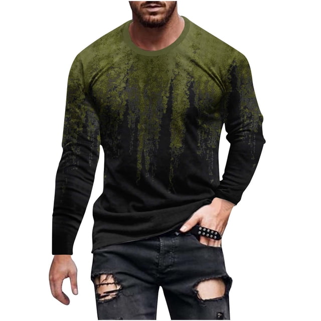 Penkiiy Chemises Décontractées pour Hommes Mode Imprimé 3D Manches Longues Col Rond T-Shirt de Sport Blouses Chemises 2TG Vert Armée