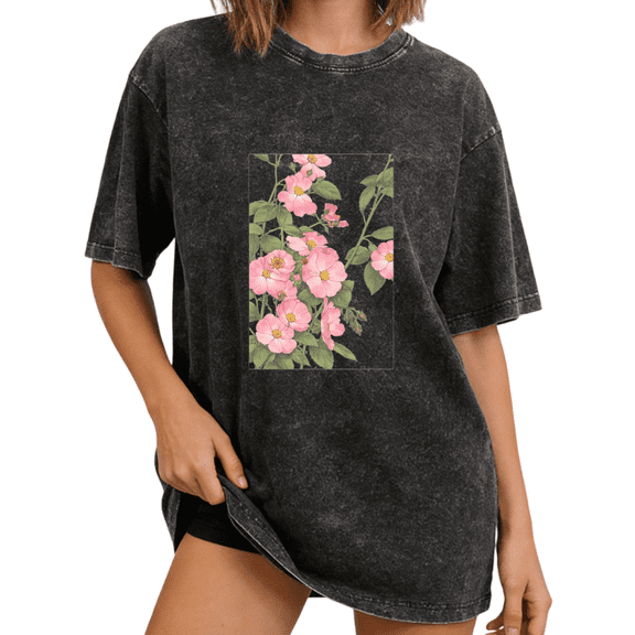 Cozymy Women's Vintage Frame Print Pink Wild Rose Vine Floral Graphic Vintage Washed T-Shirt Crew Neck Short Sleeve Drop Shoulder Oversized Relaxed Fit Distressed Cotton Casual Everyday Basic Tee