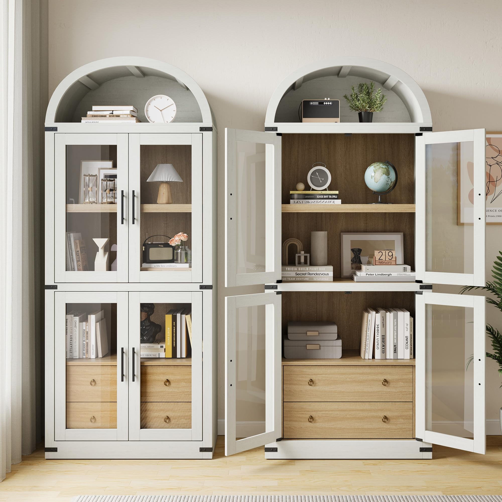 Danolapsi 71.4in Tall Arched Pantry Cabinet,Wood Bookcase with 2 Drawers,Kitchen Pantry Cabinet with Glass Door,Modern Farmhouse Display Cabinet Kitchen Cupboard for Kitchen,Dining Room,Bathroom
