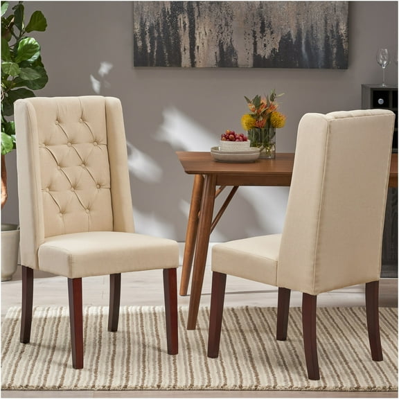 JERFIT Modern Upholstered Dining Chairs Set of 2, Beige Wingback Side Chairs with Button Tufted Back and Wood Legs for Kitchen, Dining Room