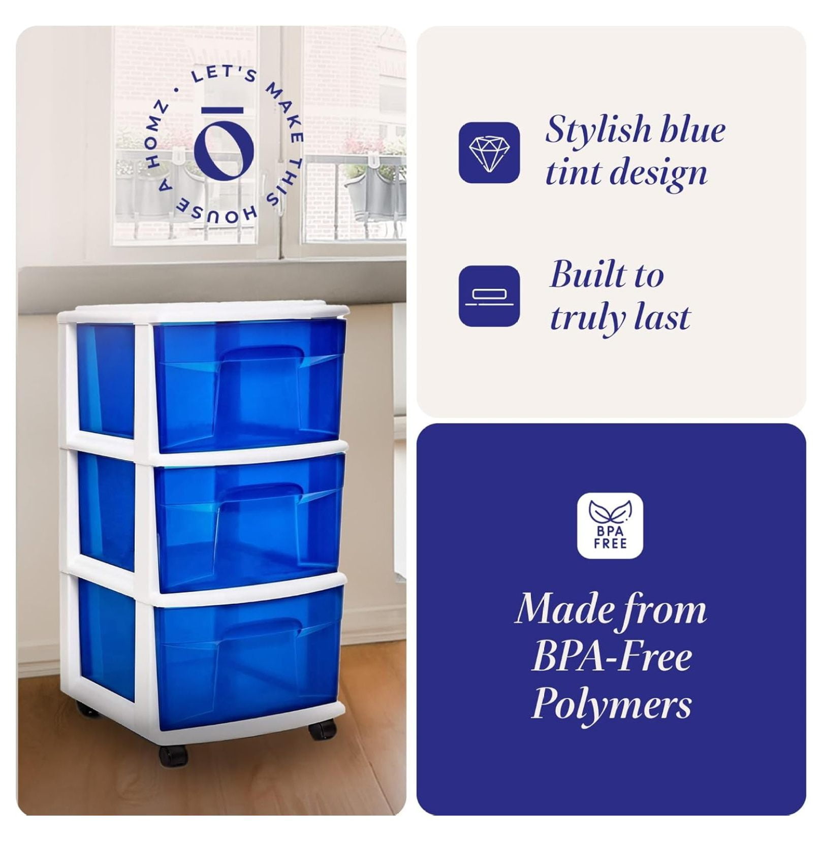 3-Drawer Storage Cart, Plastic Home & Office Organizer, Blue w/ White Frame White Frame/Blue Drawers