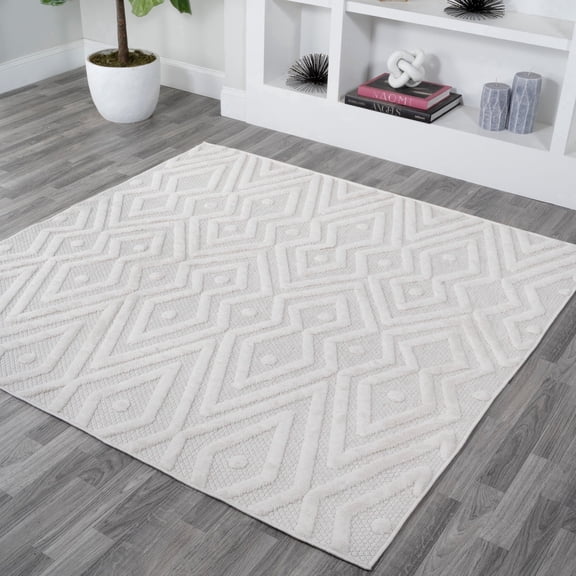 JONATHAN Y IBIZA 5' Square Area Rug, Balansat Moroccan Diamond - Ivory, IBZ100D-5SQ
