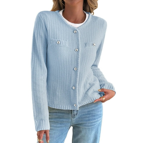 V-Neck Long Sleeves Cardigan Sweaters for Women Fall Winter Chunky Cropped Button Down Knit Sweater Jackets Blue XL