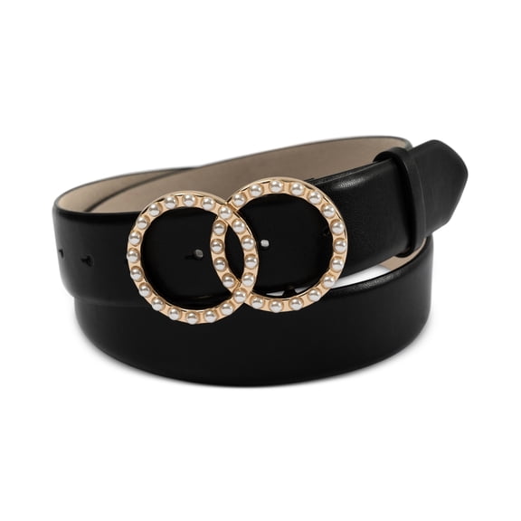 INC International Concepts Women’s Embellished Double Circle Leather Belt, Black, X-Large