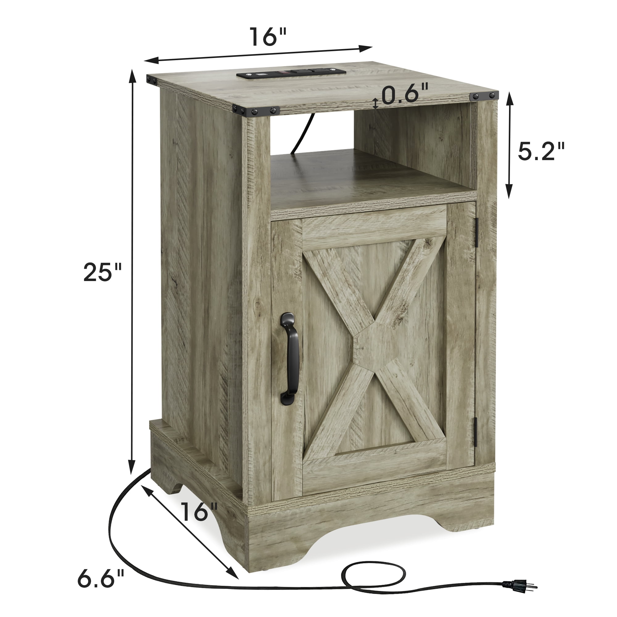 Heynemo 2Pcs Farmhouse Nightstand with Charging Station, Wooden Rustic Tall Bedside Table, for Bedroom, Living Room, Light Gray