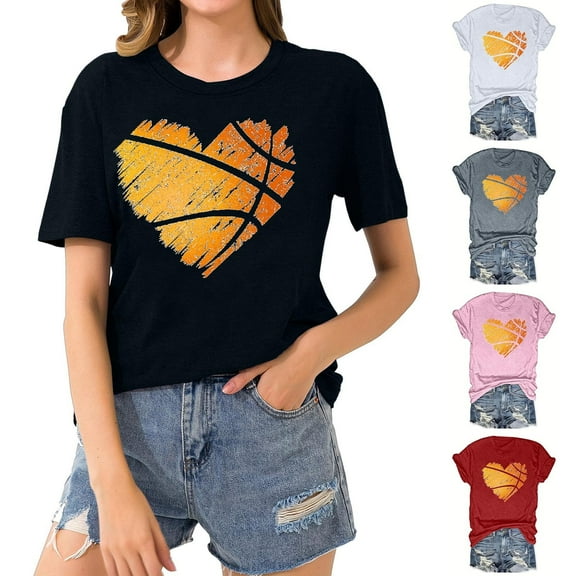 DDAPJ pyju Basketball Heart T Shirt for Women Funny Cute Graphic Tees Summer Short Sleeve Crewneck Tee Tops Basketball Mom Life Game Day T-Shirt Pink L