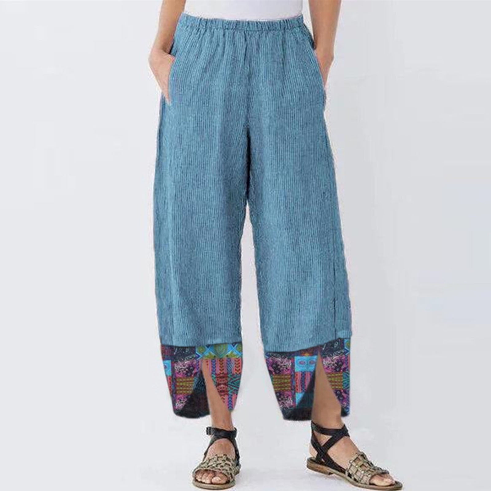 RQYYD Reduced Womens Cotton Linen Pants Casual Plus Size Elastic High Waist  Capri Pants Summer Loose Comfy Wide Leg Crop Pants(Army Green,XXL)