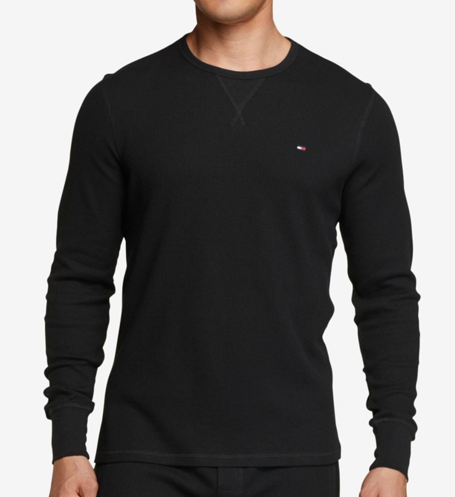 Tommy Hilfiger Men's Black Waffle Thermal Crew-Neck Long Sleeve T-Shirt 