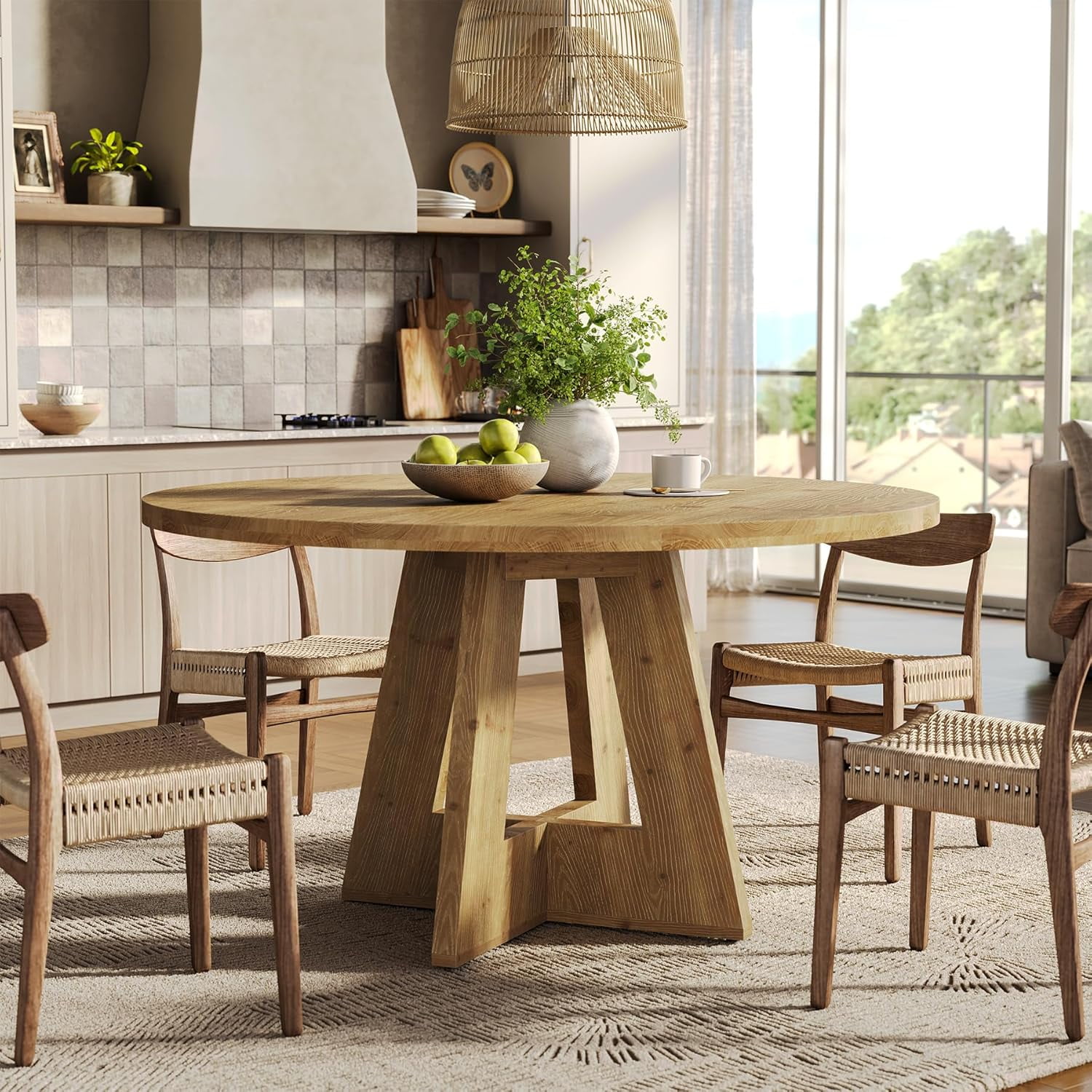 Finmind 47-Inch Solid Wood Round Kitchen Table for 4-6, Farmhouse Dining Table, Wooden Circle Dinner Table for Dining Room, Family Gathering