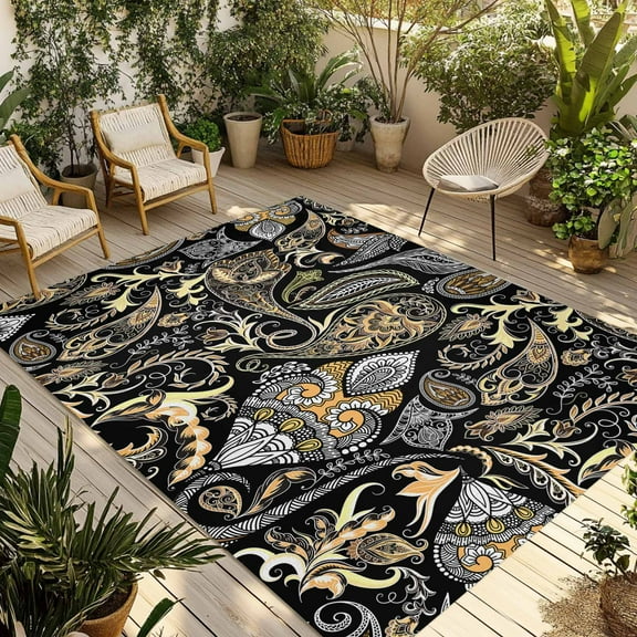 Fsddascl Black Floral Outdoor Rug for Patio/Deck/Porch, Non-Slip Large Area Rug 6 x 9 Ft, Boho Botanical Vintage Paisley Flower Indoor Outdoor Rugs Washable Area Rugs, Reversible Camping Rug Carpet