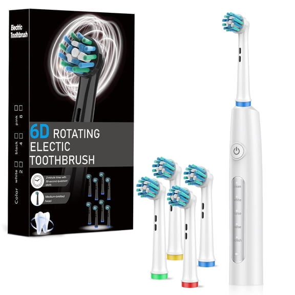 6D Rotating Electric Toothbrush for Adults, 5 Modes, 4 DuPont Soft Bristle Refills, 2-Min Smart Timer, Type-C Charging, IP67 Waterproof (White)