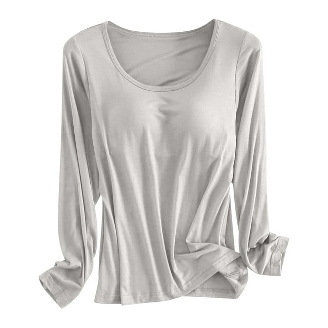 Built In Bra T Shirt For Womens Padded Long Sleeve Tops Active Blouses Soft Pajama Casual Shirts For Workout